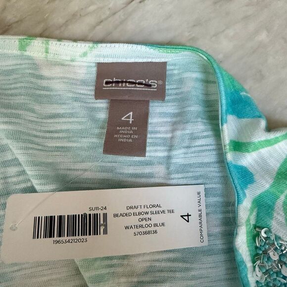 Chico’s draft floral beaded neckline elbow sleeve t-shirt sz XXL NWT - Picture 4 of 8